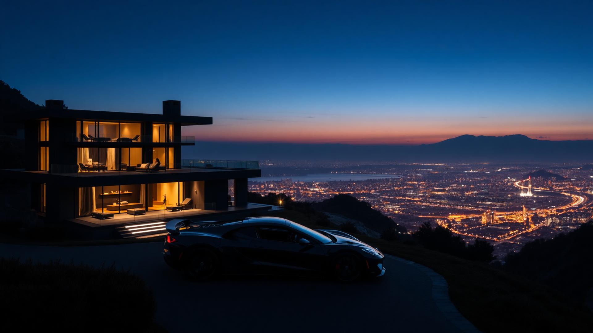 Luxury villa and sports car at twilight overlooking a city